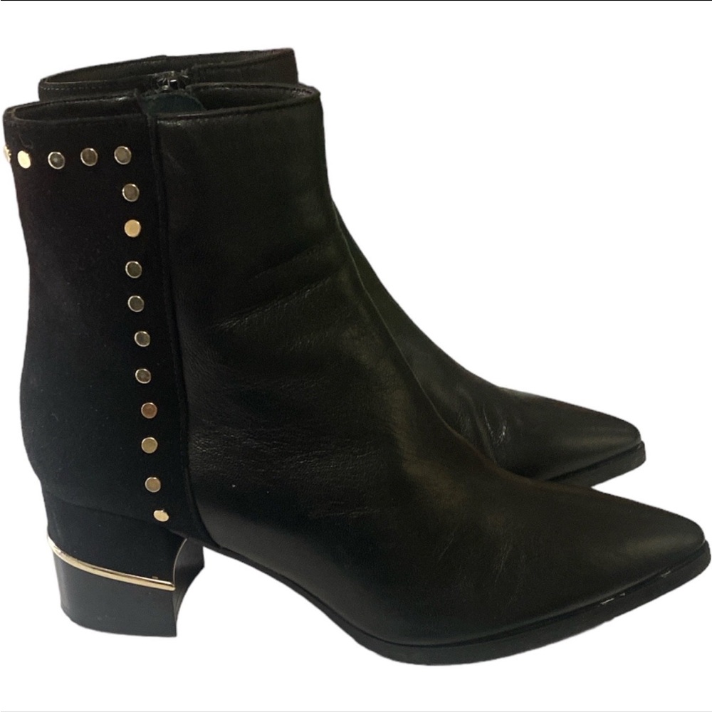 Le Pepe gold studded Italian leather and suede pointed toe ankle boots sz 8/37.5